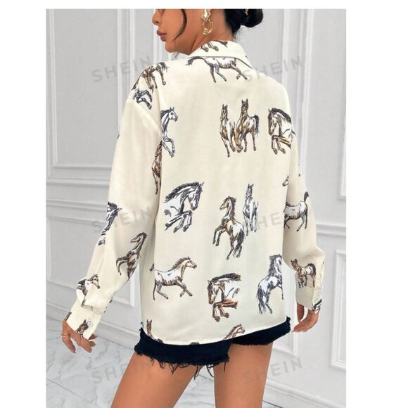 SHEIN Essence Horse Print Button Down Collard Blouse Size Women's Small - Picture 3 of 8